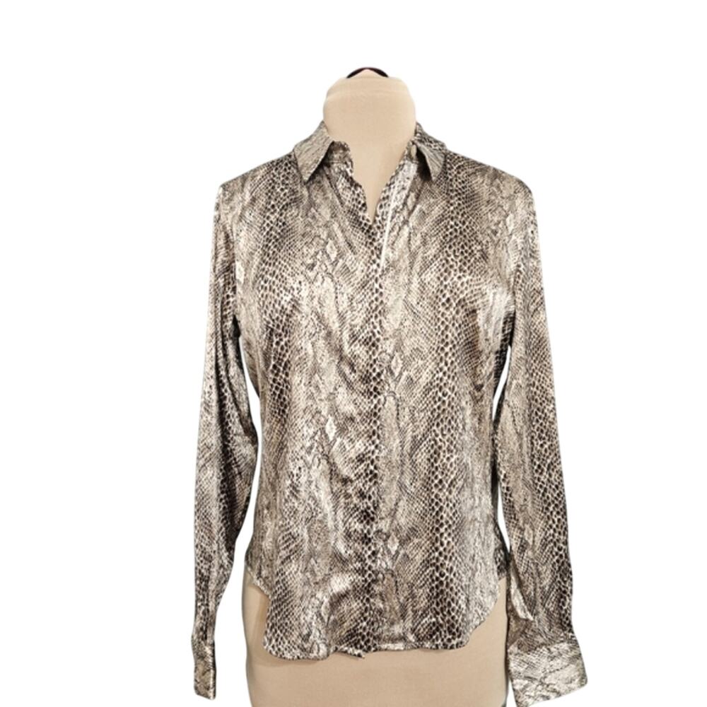 Burns Silk Snake Print Zipper Front Stretch Top Size 10 Career Office Workwear